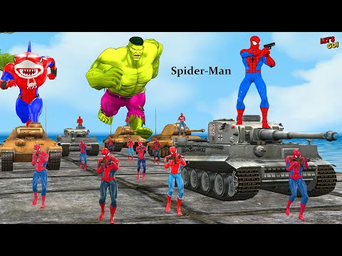 Siêu nhân nhện🔴Lots of Spider Man driving tanks attack big Hulk vs Venom team Squid game 2