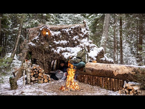 Winter BUSHCRAFT. Building a survival shelter in a cold forest! Survival skills in the wild. ASMR