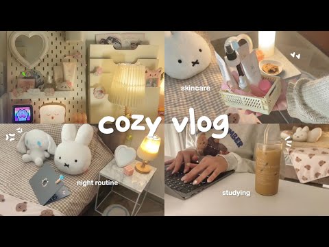 cozy study vlog 🤎 pulling an all nighter, cooking ramen, cute & cozy night routine, skincare routine