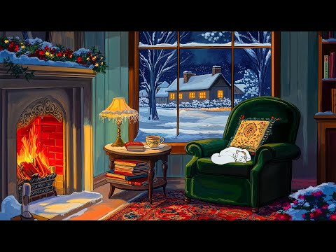 1950's vintage reading nook with oldies playing in another room (fireplace sounds) 🔥🎄