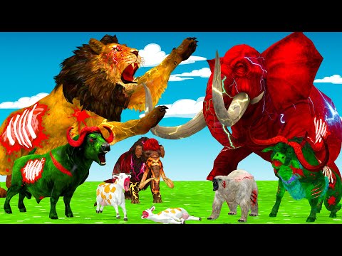 10 Giant Lion Buffalo Zombie Vs 5 Giant Mammoth Elephant Cow Cartoon Baby Cow Saved By Mammoth