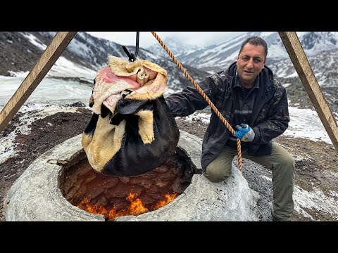 Lamb with Vegetables sewn in Cowhide! Incredible Meat with Vegetables