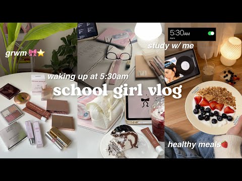 *realistic* 5am school girl study vlog🥯studying, grwm, healthy meal ideas, groceries