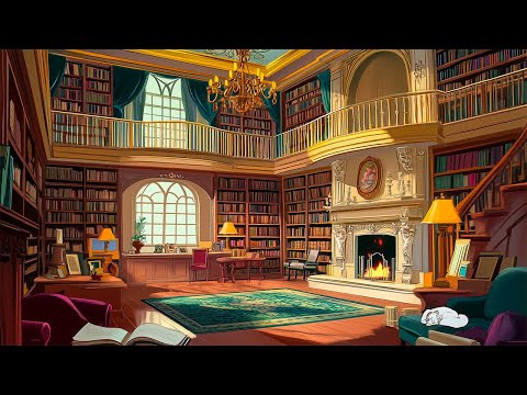 1949's cozy library with oldies playing in another room to relax, study (crackling fire) 🔥