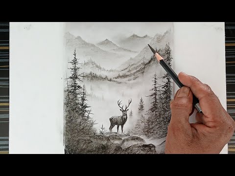 Pencil drawing landscape of reindeer in forest.