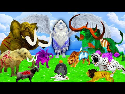 Woolly Mammoth Gorilla Cow Baby vs Lion Tiger Wolf Fusion Become Giant Zombie Fight Cow Cartoon Fun