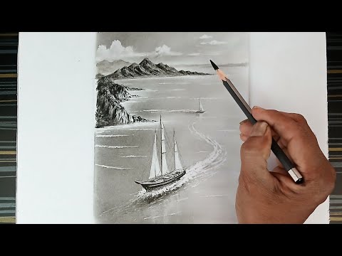 Pencil drawing landscape of a ship floating in the ocean.