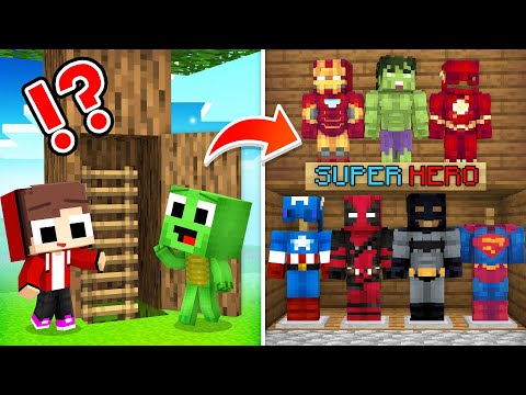 Baby JJ and Mikey Built SUPERHERO Secret Base Challenge in Minecraft - Maizen