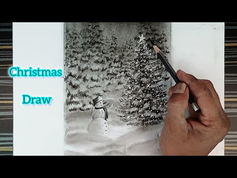 Christmas tree landscape drawing by pencil with easy ways.