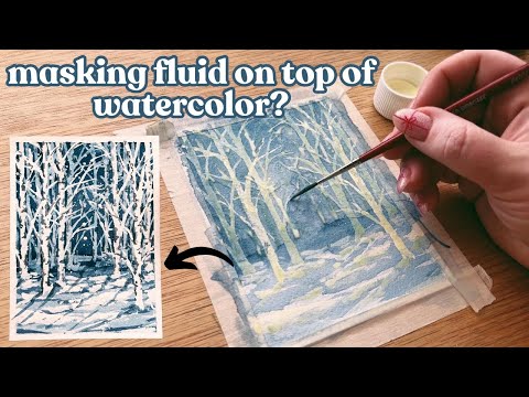 Using masking fluid on top of watercolor to paint these snowy aspen trees