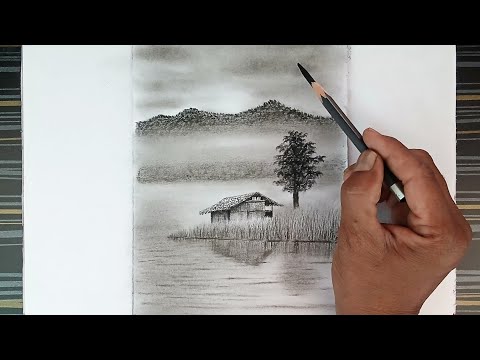 Beautiful landscape drawing of barn and tree by pencil with easy steps.