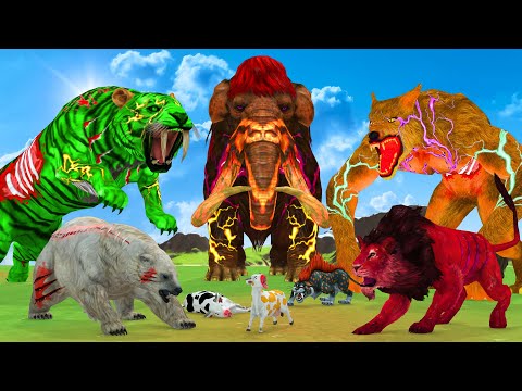 10 Giant Mammoth Elephant Cow vs 10 Giant Lion Tiger Zombie Cartoon Cow Saved By Woolly Mammoth