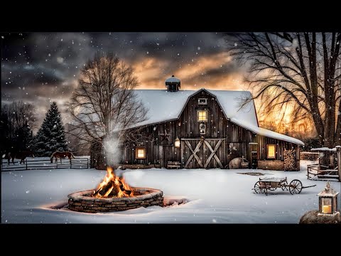 COUNTRY FARMHOUSE WINTER AMBIENCE-CRACKLING FIREPIT-FALLING SNOW-COZY NATURE SOUNDS-CALMING ASMR