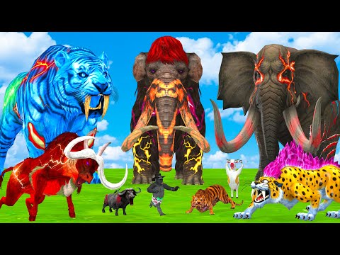 10 Mammoth Elephant Cow Gorilla vs 5 Giant Tiger Wolf vs Zombie Buffalo Saved By Woolly Mammoth