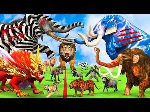 15 Giant Mammoth Elephant Cow vs 5 Giant Lion Tiger vs Hybrid Elephant Cow Saved By Woolly Mammoth