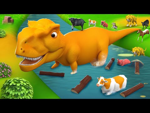 T-Rex's Heroic River Crossing: Farm Animals Rescue Adventure | Diorama Fun Horse, Cow, Buffalo, Pig