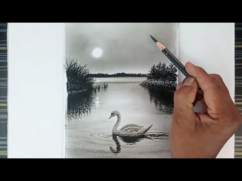 How to draw swan step by step/ how to draw sunset landscape.