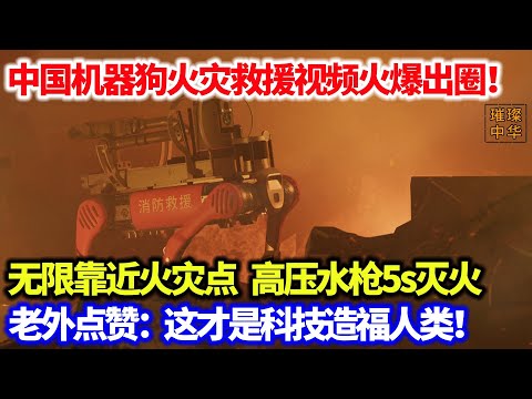 中国机器狗现场灭火画面视频火了！无限靠近火灾点，高压水枪5s灭火，老外点赞：这才是科技造福人类！#科普 #机器狗 #消防