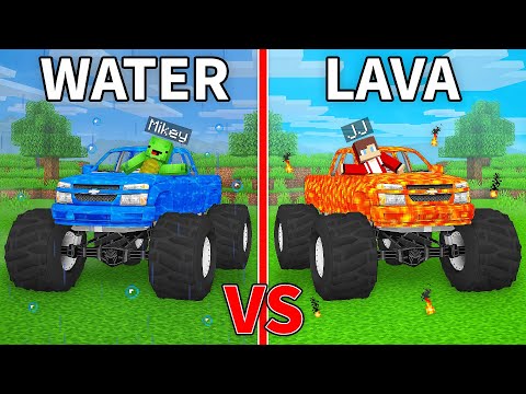 JJ's LAVA Monster Truck vs Mikey's WATER Monster Truck Build Battle in Minecraft - Maizen