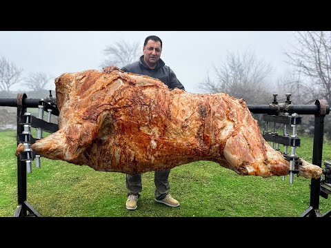 Roasting a Huge Bull on a Steel Spit! The Best Meat I've Tasted