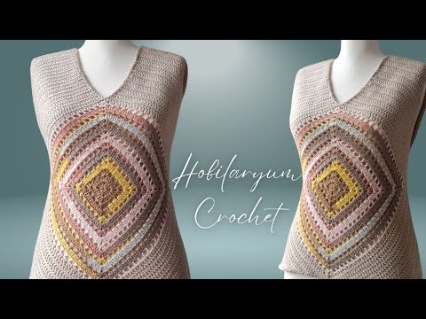 Sadece 2 Parça Ör 👉V Yakalı Kolay Tığ işi Süveter - Easy Crochet V Neck Sweater in Just 2 Pieces