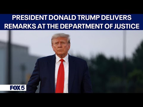 President Donald Trump delivers remarks at the DOJ