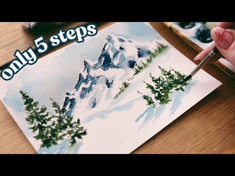 Simplified snowy watercolor landscape- only 5 steps!