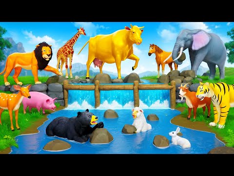 Golden Cow Leads Farm Animals in Water Pool Diorama Adventure | Funny Animals 2024 Cartoons