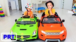 Vlad e Nikita montam em brinquedos Carros Diversão em Família Playtime