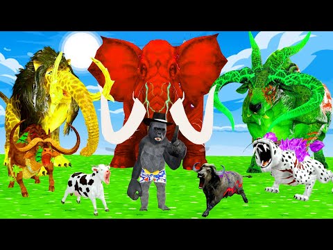 20 Mammoth Elephant Cow Buffalo vs 20 Giant Tiger Bull Fight Baby Cow Saved By Woolly Mammoth