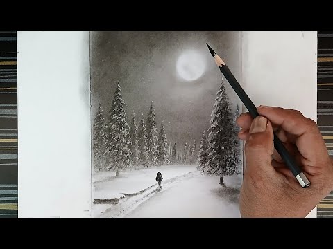 Time-lapse landscape: moonlight winter season by pencil.