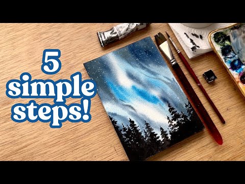 Watercolor northern lights landscape in 5 simple steps