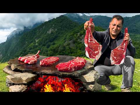 Roasting Juicy Beef Steaks on Hot Stones! Outdoors Cooking Alone in the Mountains