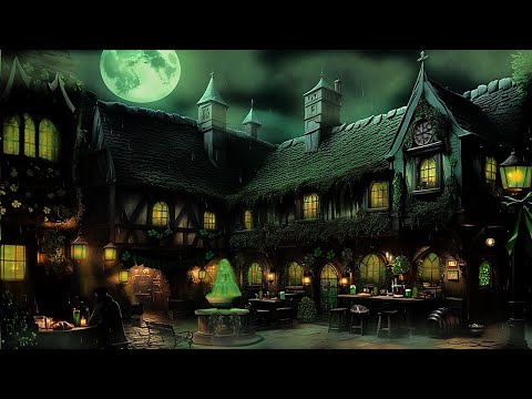 ST PATRICKS DAY TOWN SQUARE CELEBRATION-GREEN FOUNTAIN-RAIN STORM-DISTANT TAVERN & IRISH MUSIC ASMR