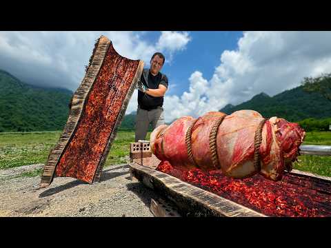 I Made a Real Grill Out of a Huge Log! Roasting a Lot of Lamb Meat in a Log