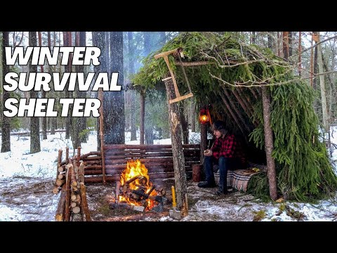 Building a shelter to survive in a cold forest in winter! Making a protection from bad weather