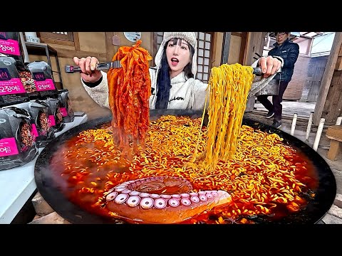 Epic Spicy Squid Ramen Challenge: 10 Bowls in a Giant Pot! 🔥 Kimchi & Octopus Leg Feast