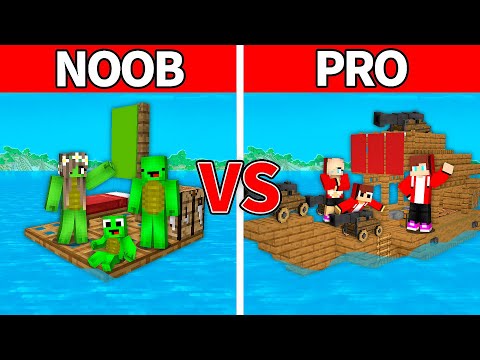 NOOB RAFT Vs SECURITY RAFT BATTLE: Mikey FAMILY Vs JJ FAMILY In Minecraft - Maizen