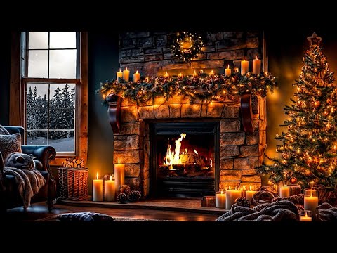 WINTER WARMTH FIREPLACE-COZY LIVING ROOM AMBIENCE-CRACKLING FIRE-GLOWING CHRISTMAS TREE-SNOW STORM