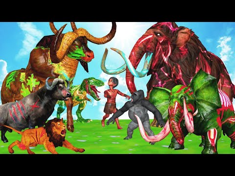 20 Mammoth Elephant Cow Rhino vs 10 Giant Tiger Wolf Buffalo Fight Baby Cow Saved By Woolly Mammoth