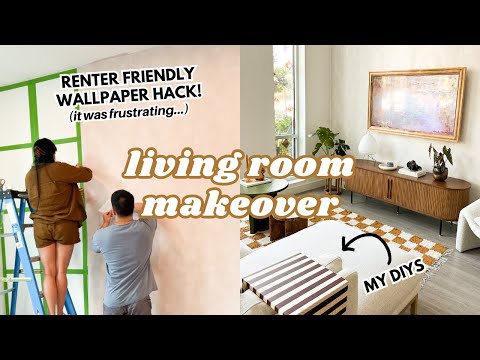 EXTREME RENTER-FRIENDLY LIVING ROOM MAKEOVER! (DIY furniture + how to make ANY wallpaper removable)