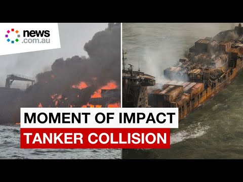 Moment of tanker and cargo ship collision caught on camera