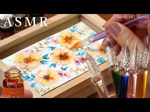 【ASMR】セリアのガラスペンとインクでお花の絵を描く音🖋SOUND and DRAWING by the cheapest glass pen, illustration of flowers