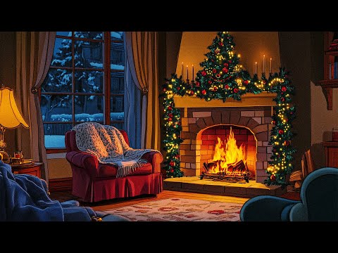 snowy, quiet night with vintage oldies playing in another room (crackling fireplace sounds)