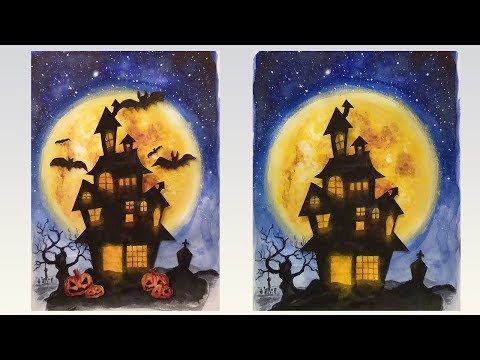 Haunted House - Halloween Painting/Card - Watercolors and Acrylics