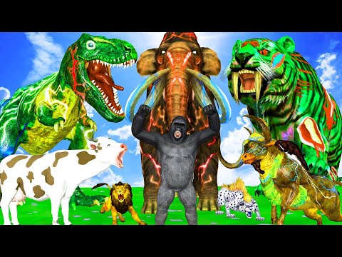 20 Mammoth Elephant Cow Bufallo vs 15 Giant Tiger Bull Fight Baby Cow Saved By Woolly Mammoth