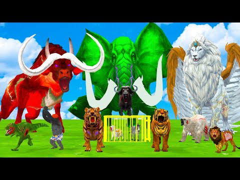 10 Giant Mammoth Elephant Cow Vs 5 Giant Lion Tiger Vs Hybrid Dinosaur Wolf Saved By Woolly Mammoth