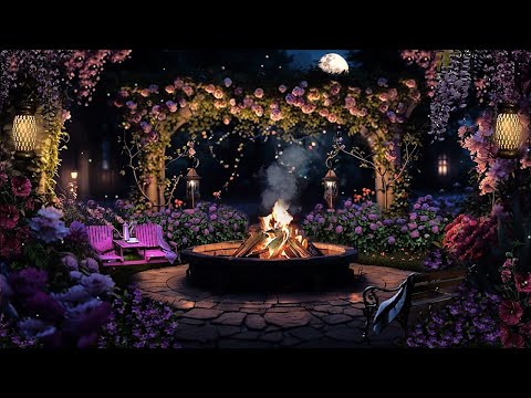 ENCHANTED GARDEN AMBIENCE-COZY NIGHT TIME NATURE SOUNDS-CRACKLING FIREPIT-WIND CHIMES-SPRING ASMR