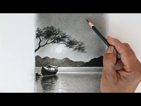 Pencil drawing of a nightmode landscape with a boat.