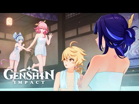 Aether Bath scene with Yae, Raiden, & Mizuki - Cutscene | 5.4 Mikawa Flower Festival